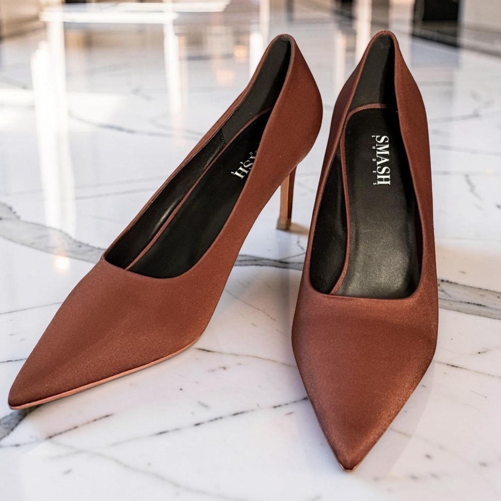 Smash NWT Sz 14 Beautiful Chocolate Brown Satin Like Stiletto High Heels (SH254)